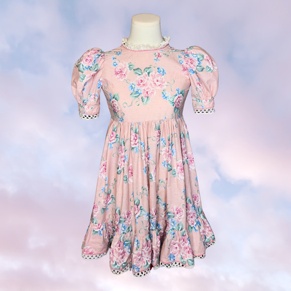 Daisy Kingdom Other - Vtg Daisy Kingdom Pink Floral Fit & Flare Dress Lace Trim Puff Sleeve Girls Sz 6